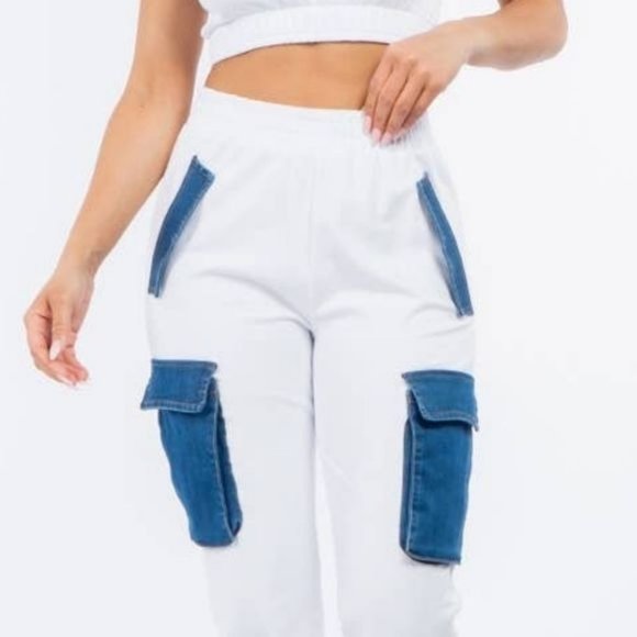 Callie Cargo: Mixed Media Denim & Cotton White Jogger Pants - Picture 4 of 13